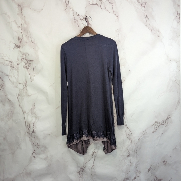 Logo by Lori Goldstein Cardigan Size Small V Neck Blue Chiffon Lace Trim Tunic - Picture 5 of 11